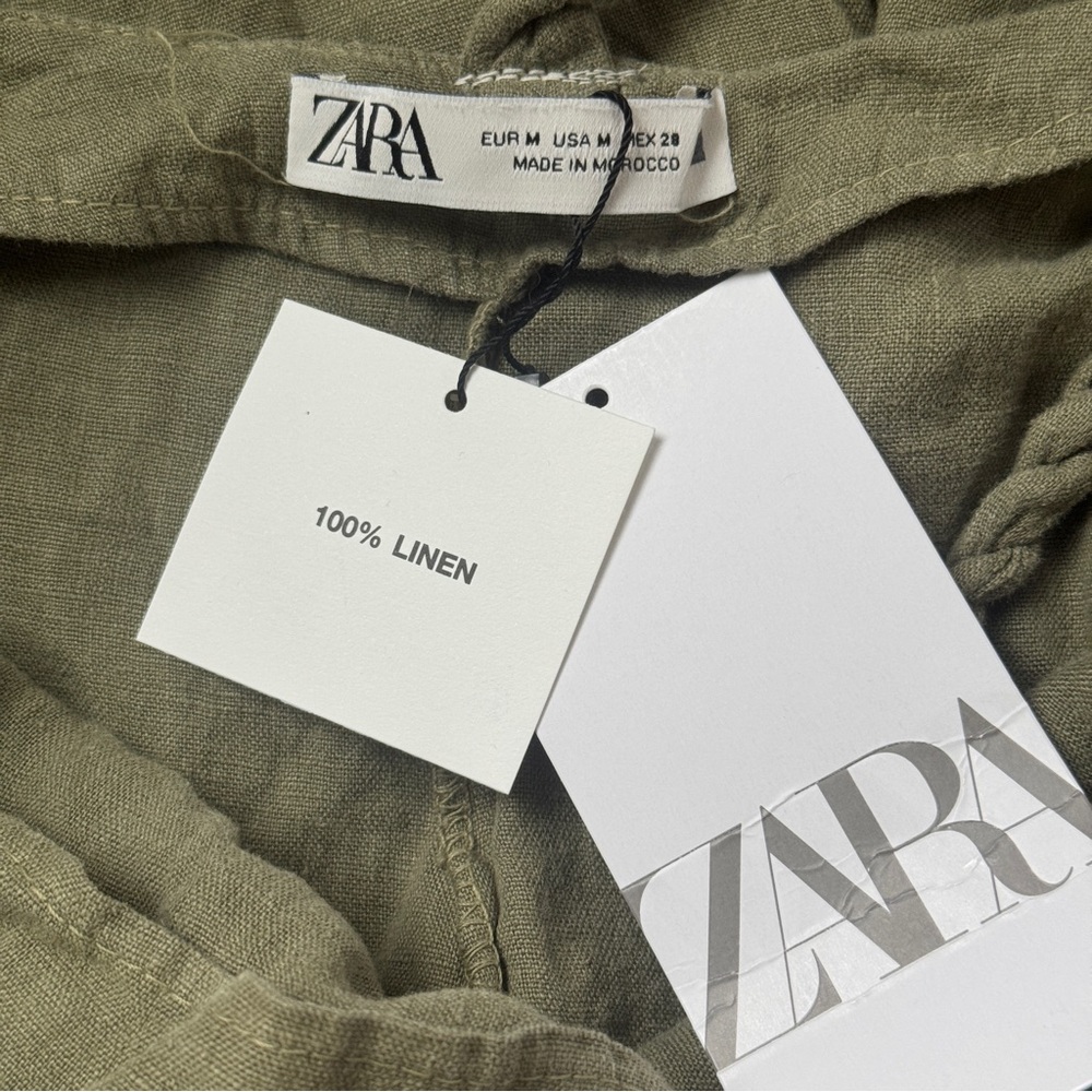 NWT | ZARA 100% LINEN SAGE OLIVE GREEN BRAIDED COVERALL WIDE LEG BOHO JUMPSUIT - Picture 6 of 9